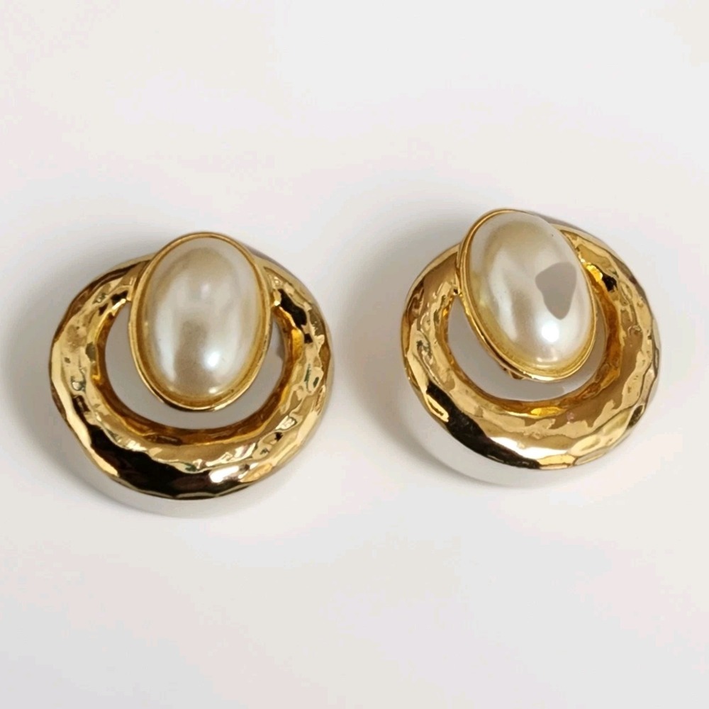 Avon Vintage Clip On Earrings Statement Bold Gold Large Circular Faux Pearl